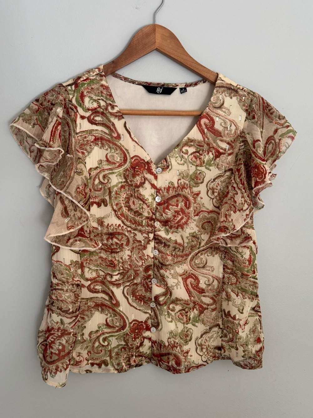 Figs Paisley Ruffle Sleeve Button Front Blouse Small 87cm